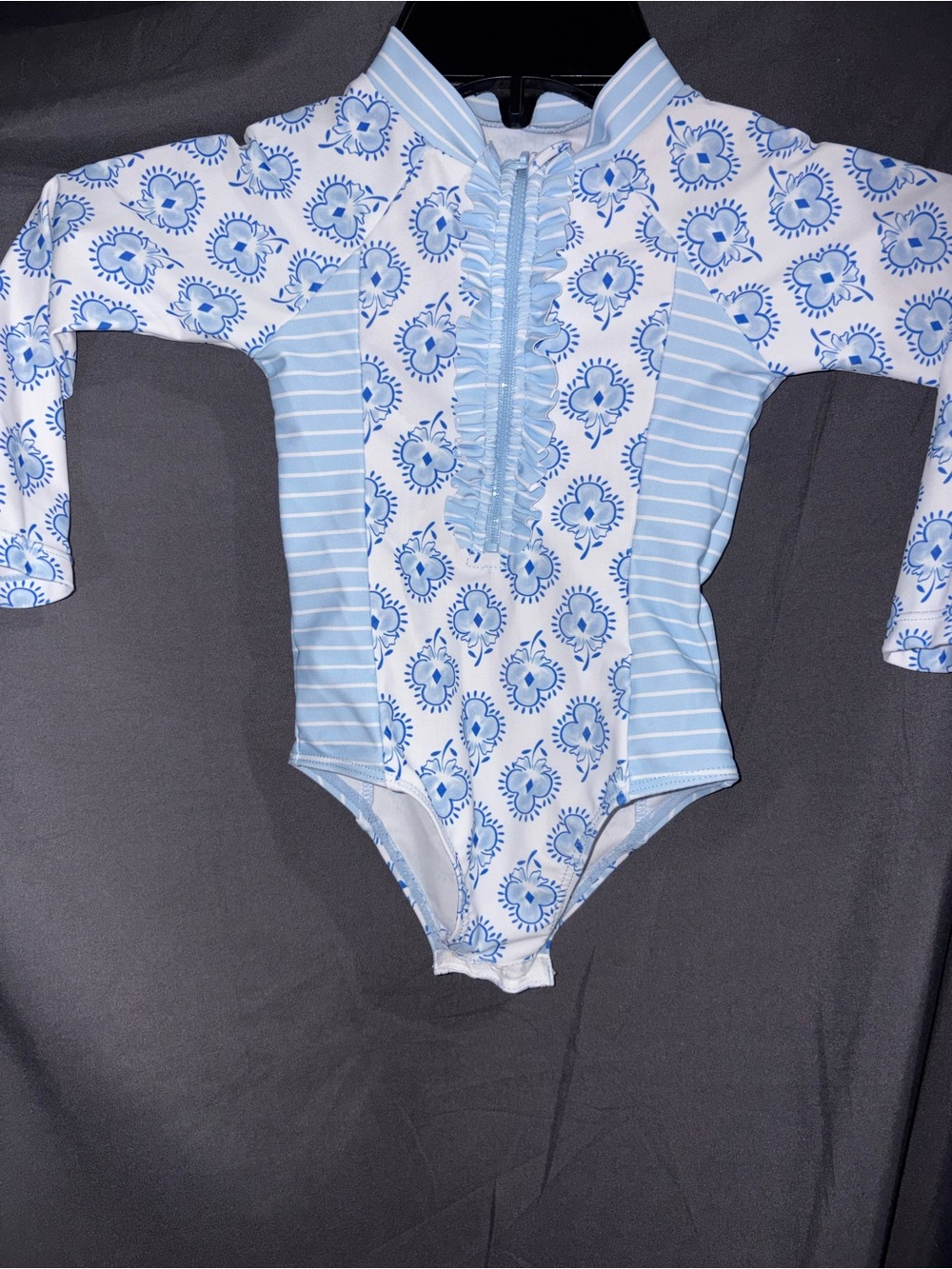 Jessica Simpson Light Blue and White Floral Ruffle Front One-Piece